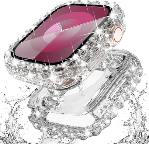 Surace 2 in 1 Waterproof Bling Case Compatible for Apple Watch Series 6 5 4 SE 40mm Screen Protector, Lace Edge Diamond Protective Bumper Face Cov...
