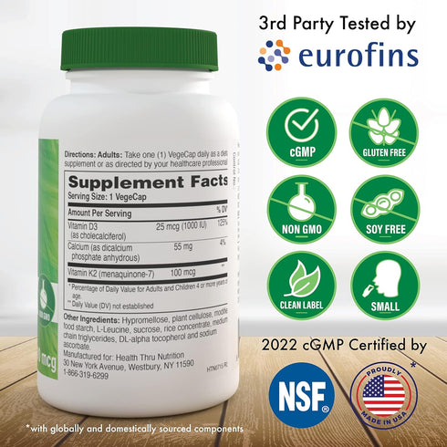 Health Thru Nutrition K2 + D3 Complex | K2 100mcg as Menaquinone 7 MK7 & D3 1,000iu | Strong and Healthy Bone Support | Immune Function |3rd Party...