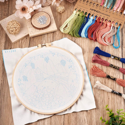 Mountains and Sea 2 Sets Embroidery Starter Kit with Patterns and Instructions for Beginners Adults Counted Stamped Cross Stitch Needlepoint Kit w...