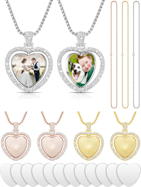 Junkin 24 Pcs Sublimation Rhinestone Trays Pendant Set, Including 6 Double Sided Blank Rhinestone Bezel Trays, 6 Pcs Thick Chains with 12 Sublimat...