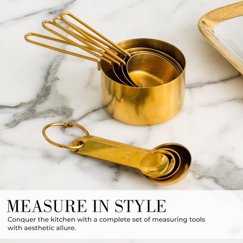 STYLED SETTINGS Gold Measuring Cups and Spoons Set – Stackable 8-Piece Brass Measuring Set – Stylish and Sturdy Gold Kitchen Accessories for Bakin...