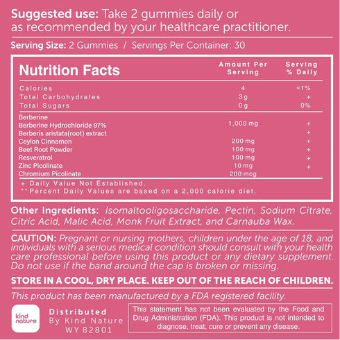 Kind Nature 1000mg Berberine Gummies - Sugar Free Natural Berberine Supplement Gummies with Ceylon Cinnamon & Beet Root - Non GMO, 3rd Party Teste...