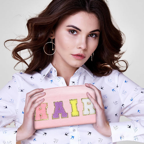 4 Pcs Large Chenille Letter Patch Makeup Bag Skin Stuff Hair Face Bag Preppy Patch Makeup Cosmetic Bag Toiletry Zipper for Women Teen Girl(Letters...