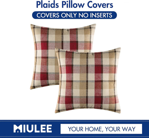MIULEE Pack of 2 Decorative Pillow Covers Check Buffalo Plaids Pillowcase Tartan Linen Rustic Farmhouse Square for Bench Sofa Couch Car Bedroom Re...