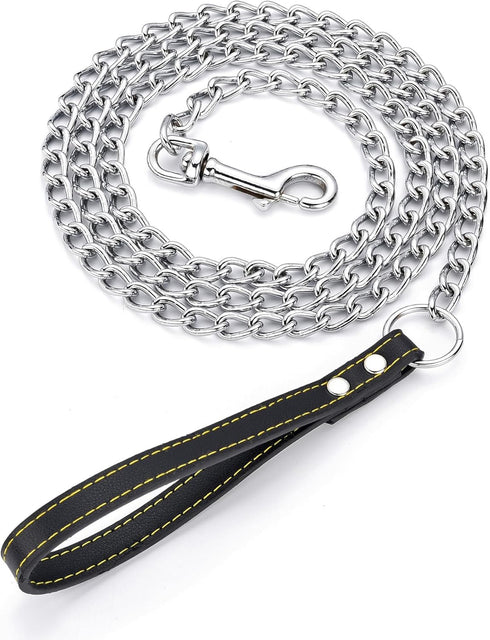 4ft Metal Dog Leash with Leather Handle Heavy Duty Dog Chain Leash Chew Proof Sturdy Training Pet Lead for Large Medium Dogs Black...