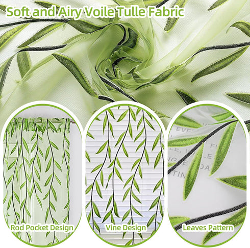 Green Sheer Curtains 108 Inches Long for Living Room, Vine Leaf Patterned Curtains 2 Panels Green Bedroom Curtain Sheers Voile Transparent Window ...