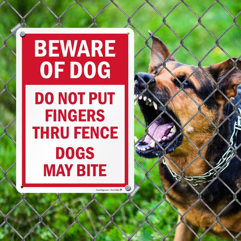 SmartSign 14 x 10 inch “Beware of Dog - Do Not Put Fingers Thru Fence, Dogs May Bite” Metal Sign, 40 mil Laminated Rustproof Aluminum, Red and Whi...
