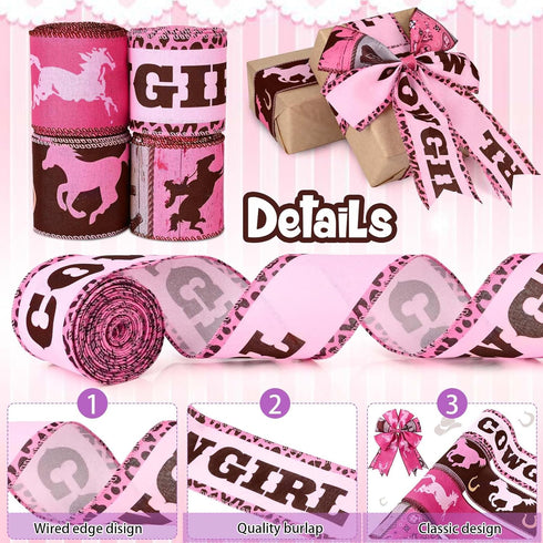 4Rolls Cowgirl Wired Edge Ribbon Pink Bandana Rodeo Horse Racing Themed Fabric Ribbon for Western Cowgirl Birthday Party for Gift Wrapping Hair Bo...