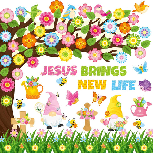 Zonon 114 Pcs Christian Spring Classroom Bulletin Board Decorations Flower Tree Bulletin Board Set Religious Spring Cutouts for Sunday School Kids...
