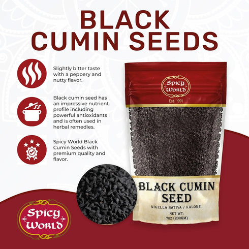 Spicy World Black Cumin Seeds 7oz - Nigella Sativa - Resealable bag | Whole Seed (Kalonji) Great for Health, Making Black Seed Oil & More!...