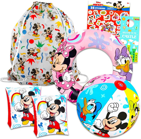 Disney Mickey and Friends Ultimate Beach Toys Set - 6 Pc Pool Toys Bundle with Mickey Beach Ball, Arm Floaties, Minnie Mouse Pool Ring, Cinch Bag,...