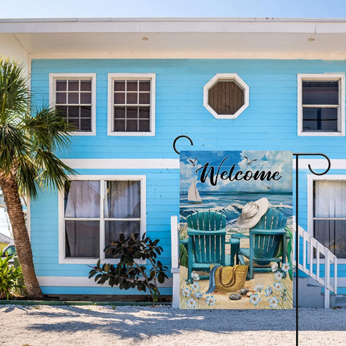 Welcome Summer Blue Sea Ocean Chairs Myosotis Sylvatica Flower Beach Garden Flag, Coastal Nautical Seagull Sailboat Bag Hat Decorative House Yard ...