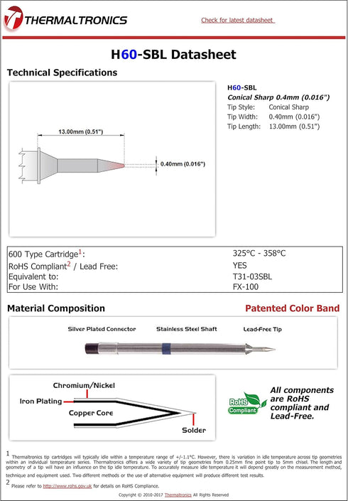 Thermaltronics H60-SBL Conical Sharp 0.4mm (0.016in) interchangeable for Hakko T31-03SBL...
