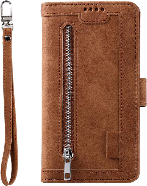 UEEBAI Wallet Case for Samsung Galaxy S21 5G, Retro 9 Card Holder Slots Zipper Pocket PU Leather Handbag Cover Magnetic Closure Kickstand with Wri...