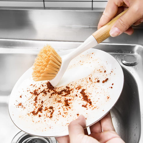 2 Pack Kitchen Dish Brushes with Bamboo Handle, Dish Scrubber Built-in Scraper, Scrub Brush for Pans, Pots, Counter & Kitchen Sink Cleaning, Dishw...