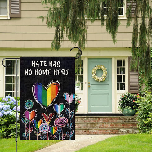 Hate Has No Home Here Pride Garden Flag 12x18 Double Sided Burlap, Small Rainbow Love Heart Gay Lesbian LGBT Pansexual Garden Yard Flags Sign Bann...