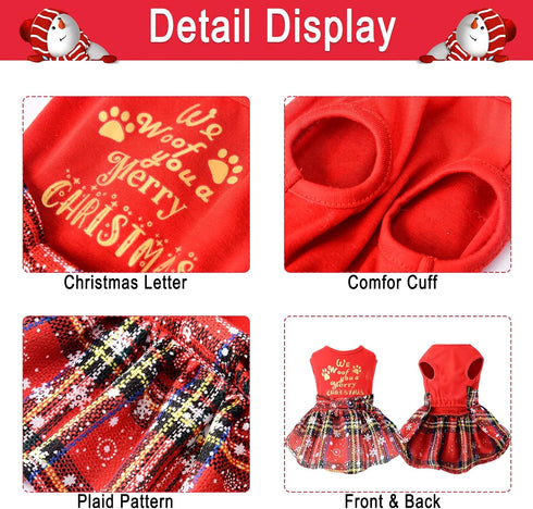 Dog Christmas Outfit Dog Dresses for Medium Dogs Girl XXS Puppy Clothes Holiday Pet Dress Xmas Cat Apparel Clothing Plaid Doggy Skirt Party XXS Do...