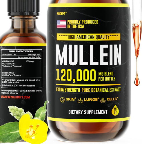 HERBIFY Mullein Drops - Lung Cleanse - Leaf Extract - Powerful Mullein for Immune Support,Detox & Respiratory Support - Made in USA - Lung Cleanse...