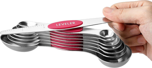 Spring Chef Pink Stainless Steel Magnetic Measuring Spoons Set of 8 with Leveler, Dual Sided Teaspoon & Tablespoon Measuring Set for Dry and Liqui...