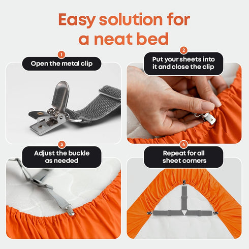 5 STARS UNITED Bed Sheet Straps Set | Easy to Use Adjustable Elastic Fasteners with Metal Clips | Sheet Holders for Corners | Fitted Sheet Clips t...