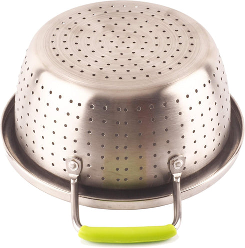 Stainless Steel Deep Colander Micro-perforated 2.5 Quart Metal Food Strainer with Green Silicone Handles for Draining Pasta Cleaning Food like Fru...