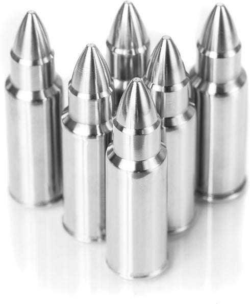 Bullet Whiskey Chillers Stones - Whiskey Rocks by The Wine Savant Set of 6 - Stainless Steel Bullet Shaped Ice Cubes, Gift Box Come, Tongs and Sto...
