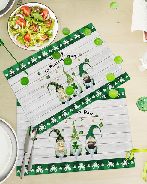 St. Patrick's Day Placemats Set of 6, Funny Irish Gnome Elf Hold Horseshoe Heat Resistant Placemat Waterproof Table Mats, Farm Wood Board Texture ...
