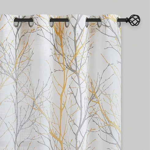 FMFUNCTEX Linen Semi Sheer Curtains for Bedroom, Yellow White Curtains 84 Inches Long for Living Room, Grey Tree Branch Print Curtain Light Filter...