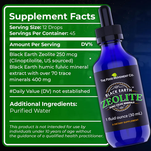 Black Earth Zeolite with Humic Fulvic Acids Trace Minerals for Adults and Kids for Detox, Gut Health and Immune Support - 1oz Liquid Drops Supplem...