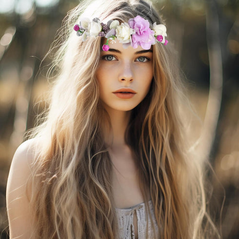 Vivivalue Floral Crown Headband Flower Headpiece Hair Wreath Floral Halo Boho with Ribbon Wedding Party Photos Prom Lavander...