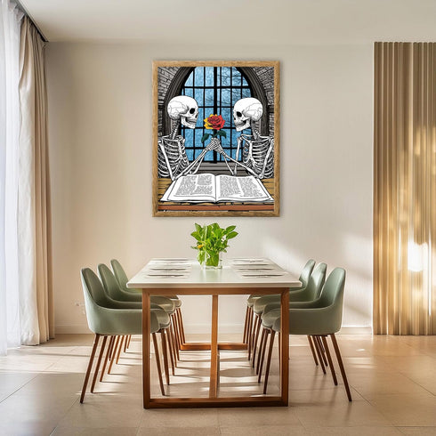 Posterizer 1 pcs-romantic skeletons sharing a flower and reading books 4-Gothic Art-Romantic Art-Living Room Bedroom Decor- unframed wall art...