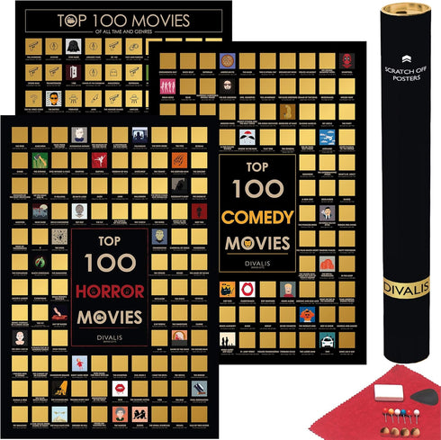 3 in 1 Gift Set - Top 100 Scratch Off Movies, Horrors, Comedy Posters Bundle - Essential Cinema Checklist - Ultimate Scratchable Poster...