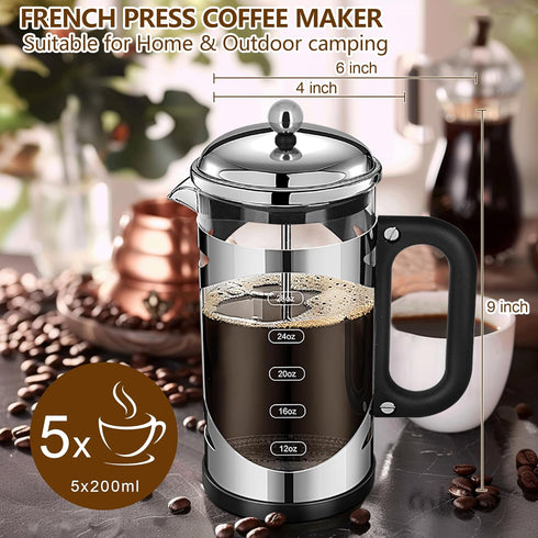34 Ounce French Press Coffee Maker Chromium Stainless Steel Coffee Press, with 4-Level Filter System, Heat Resistant Thickness Borosilicate Glass,...