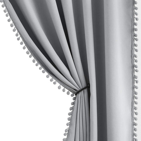 Pompom Full Blackout Curtains Grey Window Curtains for Basement 54 inches Thermal Insulated Room Darkening Curtain Drapes for Nursery 2 Panels...