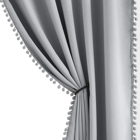 Treatmentex Pom-Pom Grey Blackout Curtains 45inches Short Window Curtain Panel Set for Laundry Basement Drapes for Kids 2 Panels Rod Pocket...