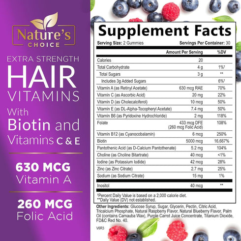 Hair Vitamins Gummies with Biotin 5000 mcg Vitamin E & C Support Hair Growth Gummy, Premium Vegetarian Non-GMO, for Stronger, Beautiful Hair, Skin...