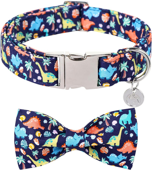 DOGWONG Dinosaur Dog Collar with Bowtie - Blue Dog Bow Collar Boy Dog Collars with Bow Adjustable Dinosaur Bowtie Collar for Small Medium Large Do...