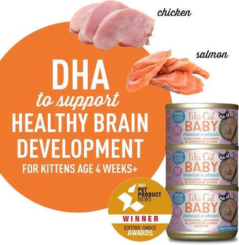 Tiki Cat Baby Mousse & Shreds, Chicken, Salmon, and Chicken Liver, High-Protein, Wet Cat Food for Kittens 4 Weeks+, 1.9 oz. Cans (Pack of 3)...