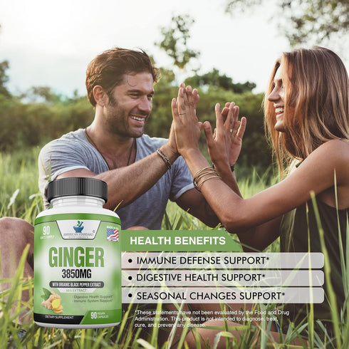 American Standard Supplements Organic Ginger 3850mg Per Serving with Organic Black Pepper Extract, Vegan, Gluten Free, Non-GMO, 90 Capsules, 90 Se...