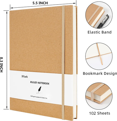 A5 Line Kraft Notebook Journals Bulk, College Ruled Hardcover Writing Subject Composition Notebooks with Lined Paper, 2 Pack, 120GSM, 102 Sheets, ...