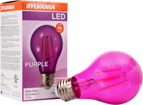 SYLVANIA LED Purple Glass Filament A19 Light Bulb, Dimmable, Efficient 4.5W, E26 Medium Base, 1 pack...