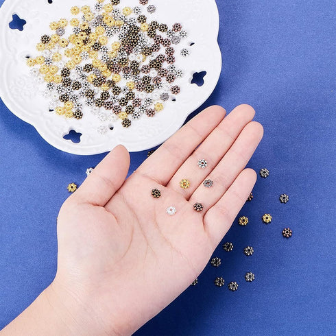 PH PandaHall 600pcs Tibetan Flower Spacer Beads, 6 Colors Metal Alloy Daisy Beads 6mm Jewelry Spacers Flat Loose Beads for Bracelet Necklace Jewel...