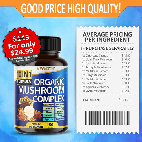 10 in 1 High Strength Mushroom Supplement 9,700MG - Lions Mane, Cordyceps, Reishi - Brain Supplements for Memory and Focus ** 5-Month Supply...