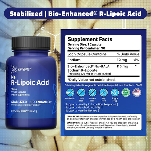 R-Lipoic Acid 115mg 90 Caps - Stabilized R-Alpha Lipoic Acid with Superior Bioavailability, Metabolic Activity & Healthy Aging Support - Gluten Fr...