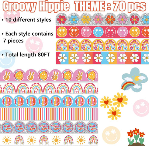 80Ft Groovy Bulletin Board Borders Boho Smile Rainbow Daisy Sun Retro Floral Pink Hippie Trim Boarders Bulletin Board Stickers for Classroom Offic...
