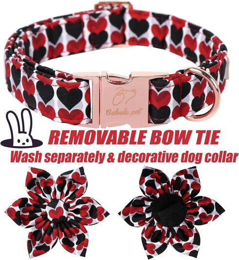 Valentine Dog Collar for Large Dog with Flower Tie, Red&Black Love Heart Male Dog Collar with Safety Metal Buckle Adjustable Puppy Collars for Sma...