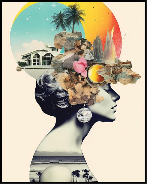 Posterizer 1 pcs-beaches and sunset-vintage woman collage-Abstract & Modern Art-Retro Art-Gift for Nature, Surfers and Beach Lovers- UNFRAMED Wall...