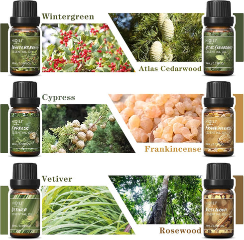 HIQILI 100% Pure Woodsy Essential Oil Set, 6x10ml, Cedarwood, Wintergreen, Frankincense, Vetiver, Rosewood, Cypress - Aromatherapy, Massage, Skin ...
