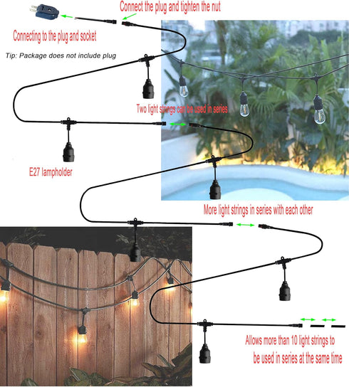 Outdoor LED String Lights, Pendant Light Cord with 2 Pendant Sockets, Patio Light String, Waterproof Reusable, 6.6ft E27 Pendant Light Kit No Bulb...