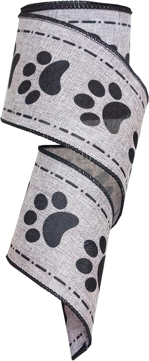 Dog Paw Print Wired Ribbon, Black and Grey Paw Ribbon with Wired Edge, Animal Print Wide Ribbon for Wreath, Gift Wrapping, and Decoration Craft, 2...
